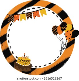 cute hand drawn Blank rounded photo text frame in orange black stripe police line construction work site safety road street circle with happy birthday cake balloons party clipart bunting flag vector