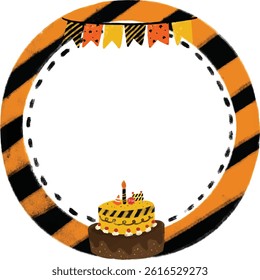 cute hand drawn Blank rounded photo text frame in orange black stripe police line under construction work site safety road street circle with birthday cake bunting flag party clipart png transparent