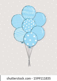 Cute Hand Drawn Blue Balloons Vector Illustration. Round Shape Blue Balloon with White Hearts, Dots, Stars, Stripes and Tiny Grid Print. Flying Air Balloon Isolated on a Light Gray Background. 