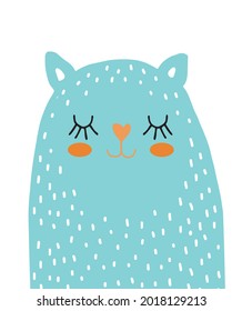 Cute Hand Drawn Blue Cat Vector Illustration. Sweet Infantile Style Nursery Art with Dreamy Kitty on a White Background ideal for Card, Wall Art, Poster, Cat Lovers. 