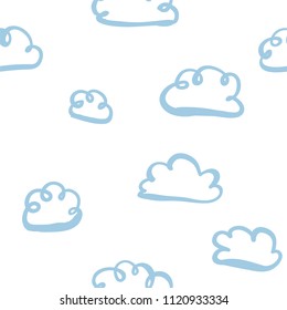 Cute hand drawn blue clouds on white sky seamless pattern. Baby textile background. Kids clothing pattern
