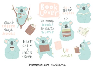 Cute hand drawn blue koala illustration set. Books, coffee, lettering, koala bear art collection. Cute design for baby clothes, textile, kid room decor, prints