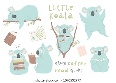 Cute hand drawn blue koala illustration set. Books, coffee, lettering, koala bear art collection. Cute design for baby clothes, textile, kid room decor, prints