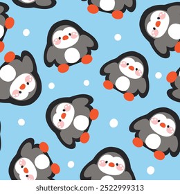 Cute hand drawn blue penguins with snow, kids seamless pattern winter background