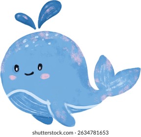 Cute hand drawn blue pink painted whale pastel colors character doodle sea ocean beach animals illustration kids sand summer season clipart crayon watercolour sticker design