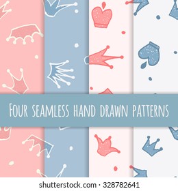 Cute hand drawn blue and pink seamless pattern with crowns for little prince or princess. Can be used to design children's clothing, birthday invitation. Vector illustration.