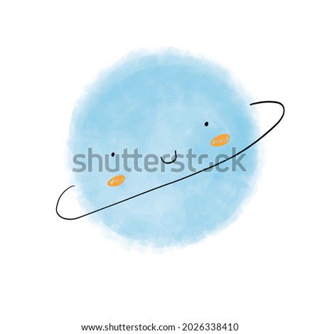 Cute Hand Drawn Blue Planet Vector Illustration. Lovely Nursery Art with Funny Blue Kawaii Style Planet Isolated on a White Background. Lovely Prints for Card, Poster,Kids Room Decoration,Space Party.