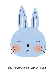Cute Hand Drawn Blue Rabbit Vector Illustration. Lovely Nursery Art with Funny Bunny  Isolated on a White Background. Kids Room Decoration. Dreamy Rabbit Head. Easter Bunny.