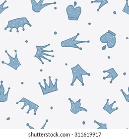 Cute hand drawn blue seamless pattern with crowns for little prince. Can be used to design children's clothing, birthday invitation. Vector illustration.