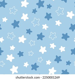Cute hand drawn blue and white flat and doodle stars seamless vector pattern. Kawaii cosmic background for kids room decor, nursery art, fabric, wallpaper, wrapping paper, apparel, textile, packaging.