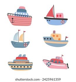 Cute hand drawn boats vector illustration. Cartoon ships for kids