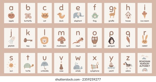 cute hand drawn bohemian style alphabet poster set with pictures for nursery