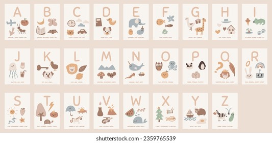 cute hand drawn bohemian style alphabet poster set with pictures for nursery