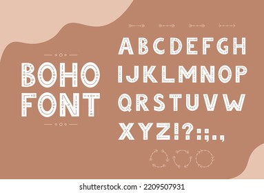 Cute hand drawn boho font with latin alphabet and decorative elements.