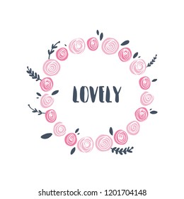 Cute hand drawn boho frame template. Pastel, wreath, flowers. Decor elements for postcards, cards, posters, souvenirs and more. 