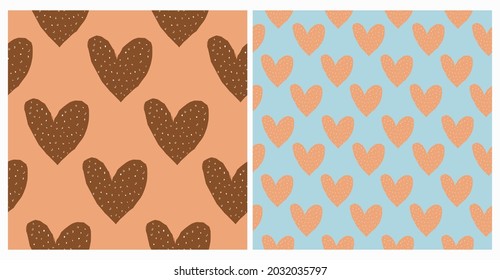 Patrón de vectores sin soldadura del corazón de Boho dibujado a mano. Impresión estilo infantil encantadora con corazones punteados sobre fondo naranja azul y negro. Patrón romántico ideal para Tejidos, Textiles, Papel de envolver.