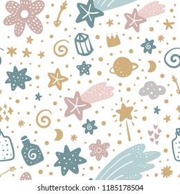 Cute hand drawn boho pastel nursery pattern. Pastel colors. Good for prints, birthday invitations, cards. Girly magical elements. Vector, clip art