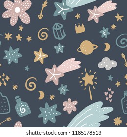 Cute hand drawn boho pastel nursery pattern. Pastel colors. Good for prints, birthday invitations, cards. Girly magical elements. Vector, clip art
