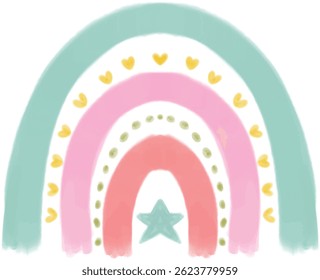 Mão Bonita Desenhou Boho Rainbow e Little Heart no Fundo de Pêssego. Arte de parede de jardim de infância de estilo simples para Baby Boy e Baby Girl. Ilustração de vetor ideal como convite de cartão.