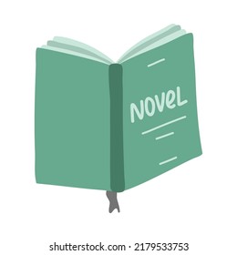 Cute hand drawn book with novel and bookmark for reading on a cozy evening, full relaxation or breathtaking story. Trendy stylized clipart in pastel colors. Vector illustration isolated on background