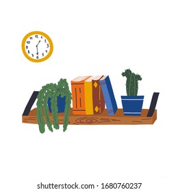 Cute hand drawn book shelf and two home plants, cactus and dischidia in pots, a wall clock hangs nearby on a background of grassy wallpaper. Flat vector illustration.
