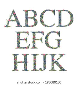 Cute hand drawn botanical alphabet. Vector font, letters A-K