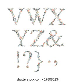 Cute hand drawn botanical alphabet. Vector font, letters V-Z, signs