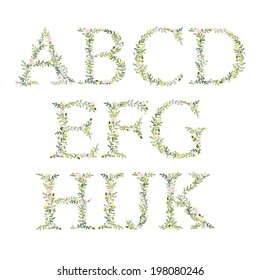 Cute Hand Drawn Botanical Alphabet. Vector Font, Letters A-K