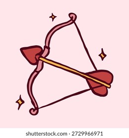 Icono de arco y flecha dibujado a mano lindo que simboliza Cupido y el romance.