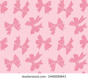 Lindo diseño de arco dibujado a mano. lazo de cinta rosa sin costuras sobre un fondo rosa. Dibujo de línea vectorial de moda.