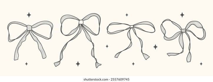 Cute hand drawn bow set with ribbons. Minimalist bowknot for wedding, birthday, christmas cards, poster, gift, frames. Ruffle vintage coquette bows. Doodle Sketch elements. Isolated vector illustratio