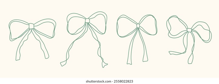 Cute hand drawn bow set with ribbons. Minimalist bowknot for wedding, birthday, christmas card, poster, tattoo, gift, frames. Vintage coquette bows. Doodle Sketch elements. Isolated vector illustratio