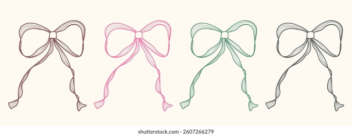 Cute hand drawn bow set with ribbons. Minimalist bowknot for wedding, birthday, christmas cards, poster, gift, frames. Ruffle vintage coquette bows. Doodle Sketch elements. Isolated vector illustratio