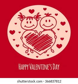 Cute hand drawn boy and girl (cartoon doodle)Valentine`s day background.