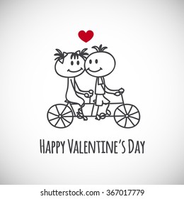 Cute hand drawn boy and girl (cartoon doodle)Valentine`s day background. Couple on tandem bicycle.