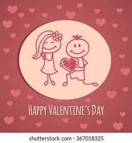 Cute hand drawn boy and girl (cartoon doodle)Valentine`s day background.