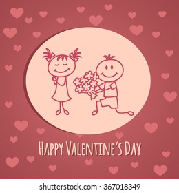Cute hand drawn boy and girl (cartoon doodle)Valentine`s day background.