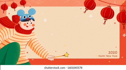 Cute hand drawn boy waving wizard wand on hanging lanterns background for new year