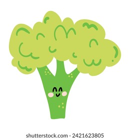 Cute hand drawn broccoli smiling. Kawaii funny vegetable character for kids.