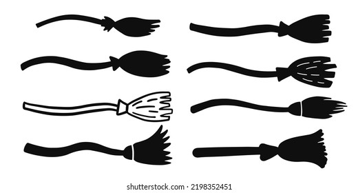 Cute Hand Drawn Broomstick set,  doodle style. Black silhouettes. Cartoon Besom collection, Old Flying Broom. Halloween design elements. Vector illustration, isolated on white. Witchcraft images.