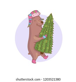 Cute hand drawn brown bear in hat with holiday tree. Merry Christmas and Happy New Year background. Winter holidays card. Illustration of cartoon animal. Xmas celebration design. Fun character.