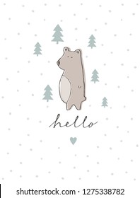 Cute Hand Drawn Brown Bear Vector Illustration. Lovely Infantile style Nursery Art. Bear Standing Among Green Trees. White Doted Background. Handwritten Hello Text with Green Litlle Heart Below.