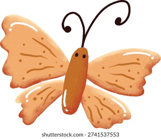 Cute hand drawn brown buttterfly character with smiling face, digital art illustration in grainy texture style 