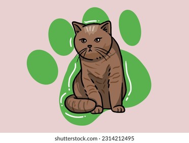 Cute hand drawn brown cat, fluffy fur, and exaggerated features. Cute adorable big eyes kitty kitten cat
