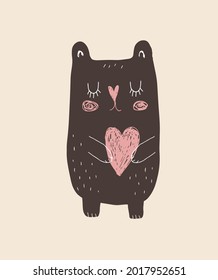 Cute Hand Drawn Brown Little Bear Holding a Big Pink Heart Vector Illustration. Sweet Infantile Style Nursery Art  with Baby Bear on a Beige Background for Card, Wall Art, Poster, Valentine's Day. 