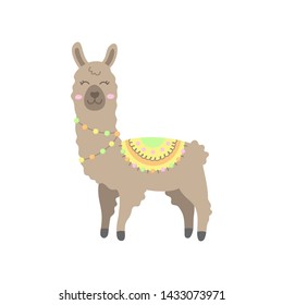 Cute hand drawn brown llama with patterned fringed blanket. Cute furry llama or alpaca animal vector illustration. Isolated.