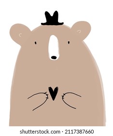 Cute Hand Drawn Brown Teddy Bear Vector Illustration. Lovely Nursery Art with Big Dreamy Big Bear Holding Little Heart on a White Background for Wall Art, Poster, Valentine's Day Card, Decoration.