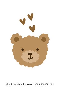 la cara de oso de peluche marrón dibujado a mano linda con los corazones, los niños afiches deseos de guardería o sala de juegos