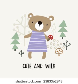 cute hand drawn brown teddy bear in the forest with pine tress and mushrooms, kids nursery poster, wall art design