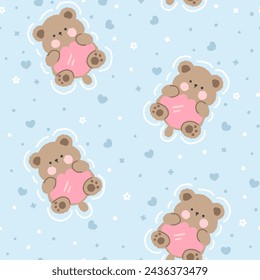 cute hand drawn brown teddy bears with pink heart on a blue background with kawaii elements, kids seamless pattern